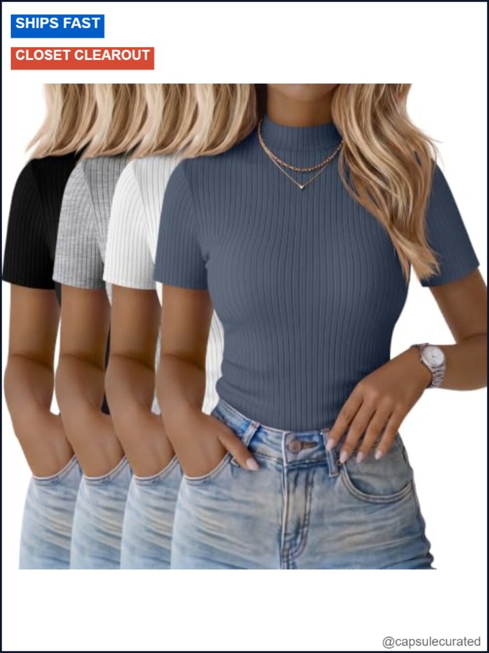 4 Pack Women's Mock Neck T-Shirts 95% Rayon Ribbed Knit